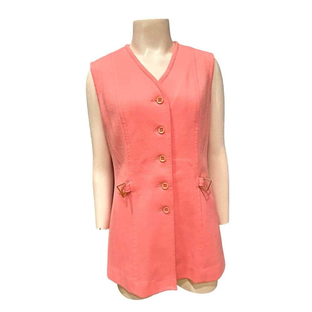 Vintage 70s Jantzen Bubblegum Pink Knit Vest Tunic Blouse Brass Belt Loops M -